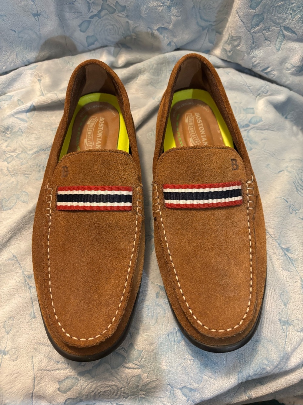 Bostonian Brown Suede Slip-On Slippers with Red-White-Blue Trim Mens 7 New